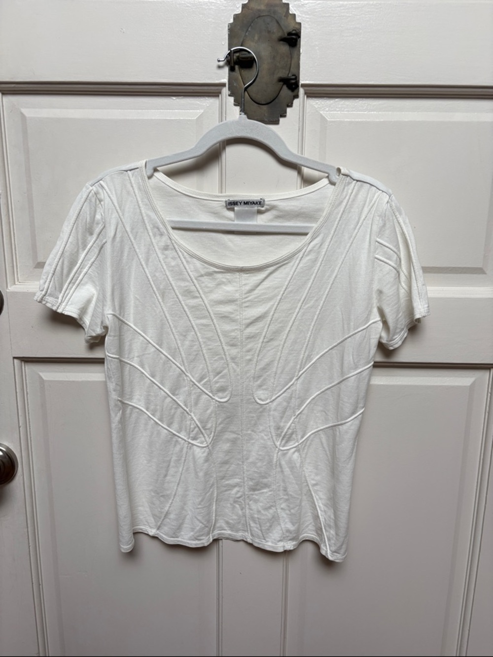 Issey Miyake White Short Sleeve Tee with Sculpted Paneling